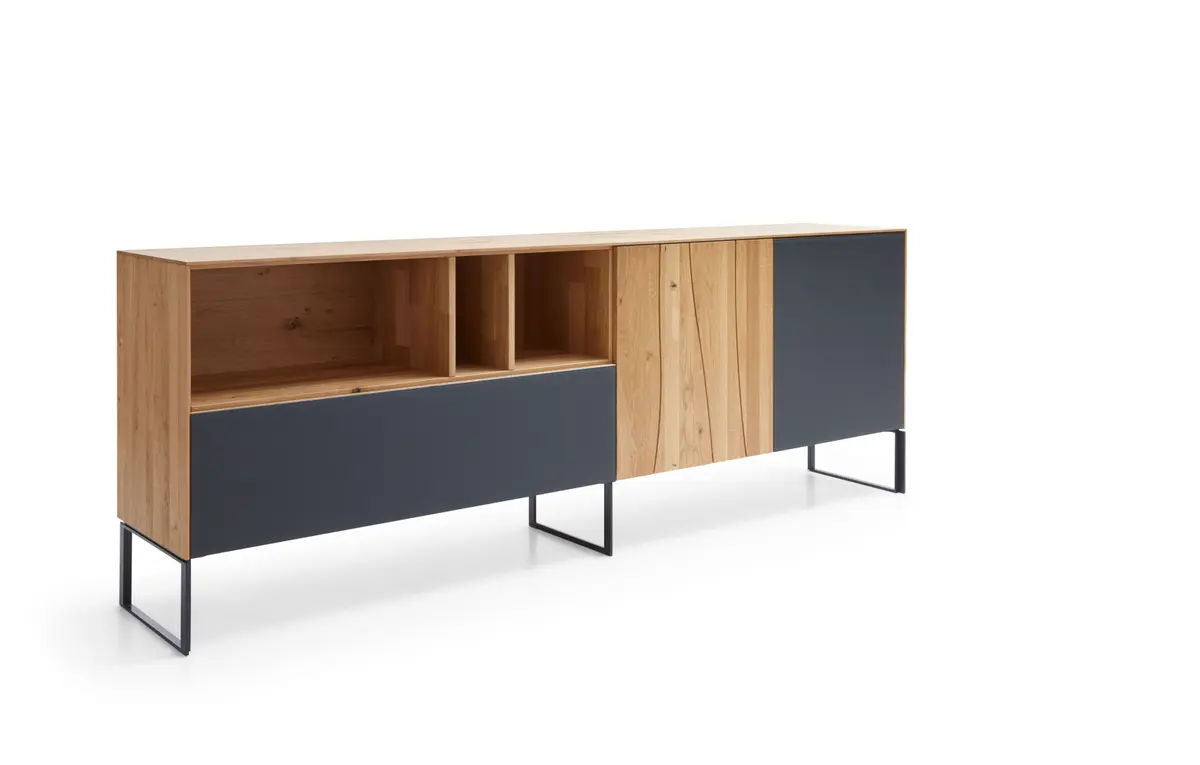 Sideboard Mileto - Asteiche massiv, Natur geölt, Glas, Schwarzgrau