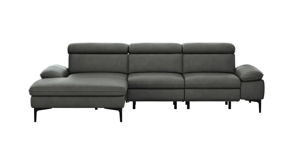 Ecksofa Felipa - Longchair links mit 2,5-Sitzer inkl. Armlehne verstellbar und Rückenlehne/Sitztiefe verstellbar (motorisch), Leder, Grau