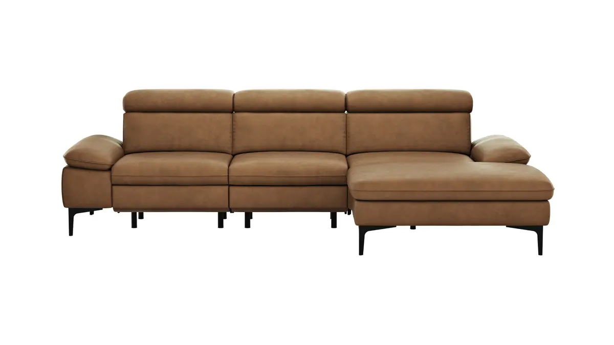 Ecksofa Felipa - 2,5-Sitzer mit Longchair rechts inkl. Armlehne verstellbar und Rückenlehne/Sitztiefe verstellbar (motorisch), Leder, Cognac