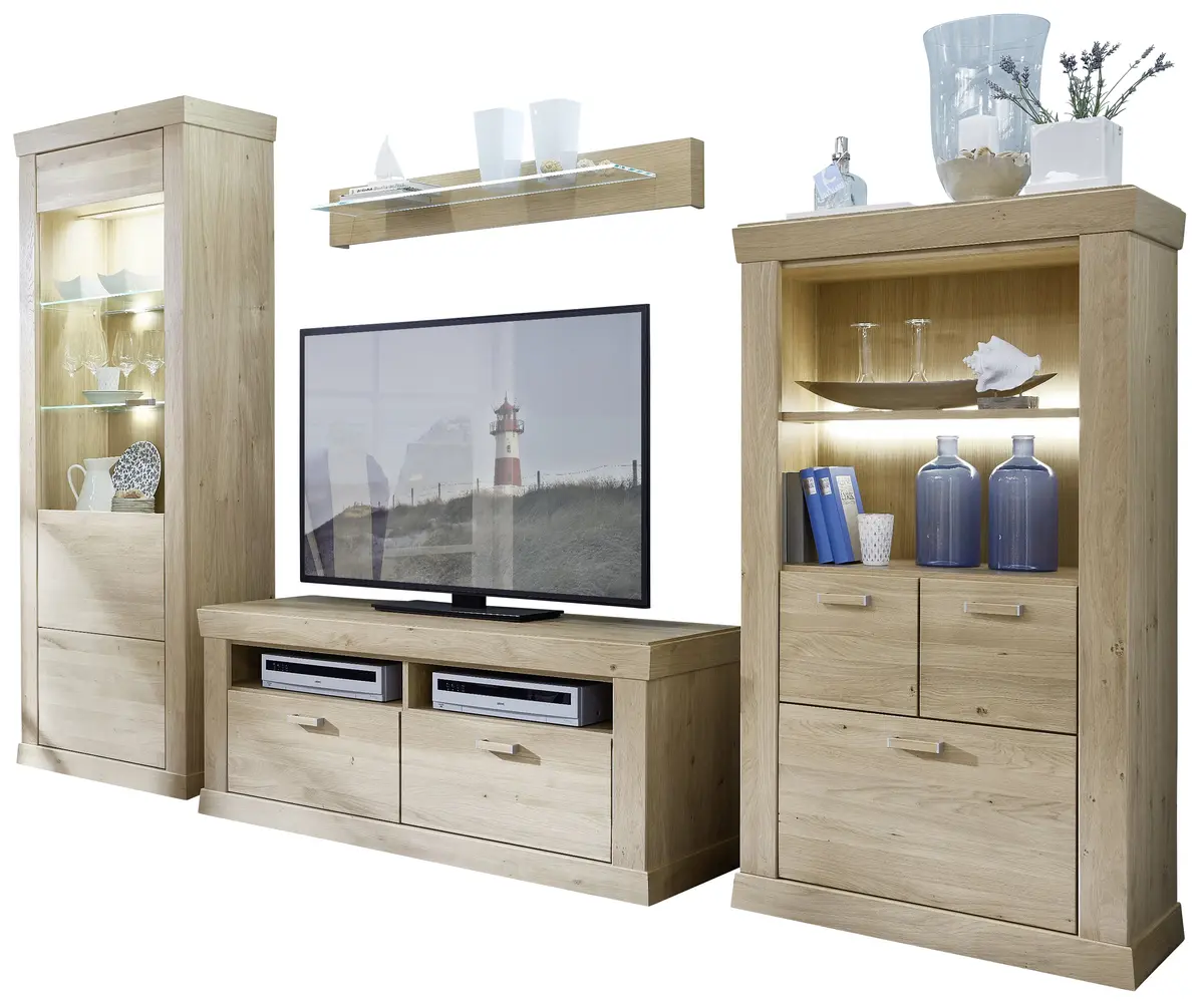 Wohnwand - mit Beleuchtung, Asteiche teilmassiv