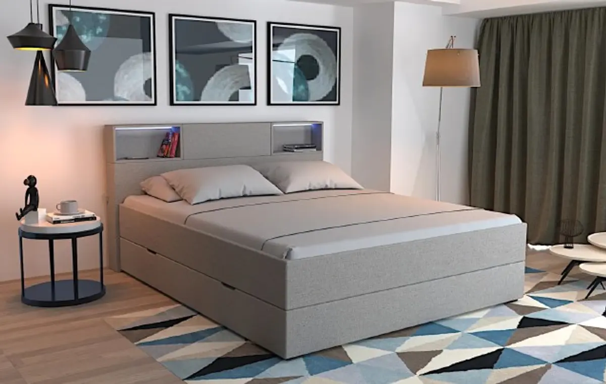 Boxspringbett - Liegefläche ca. 180x200 cm, inkl. Beleuchtung, Ablage u. USB-Anschluss, Stoff, Hellgrau