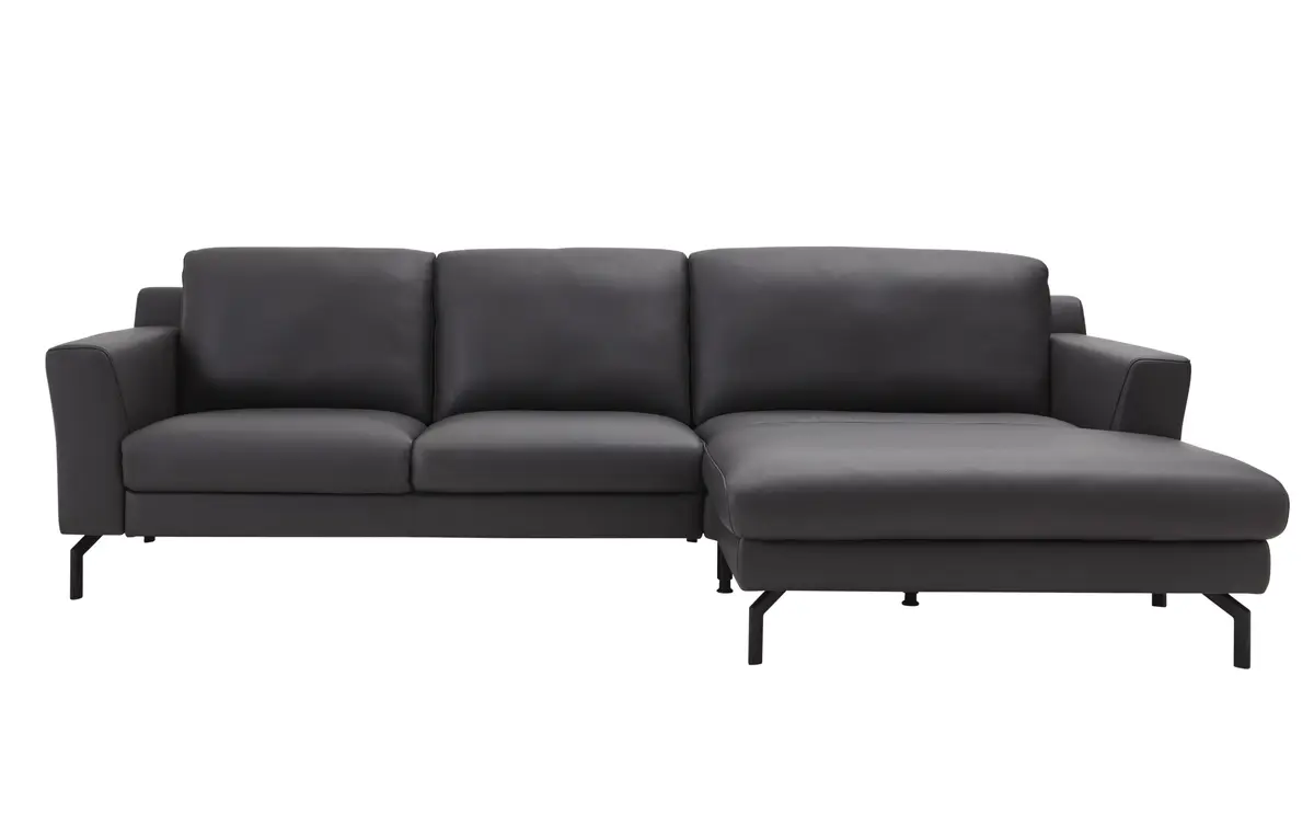 Ecksofa Princeton - 2,5-Sitzer mit Longchair groß rechts, TIEF, HOCH, Leder, Anthrazit