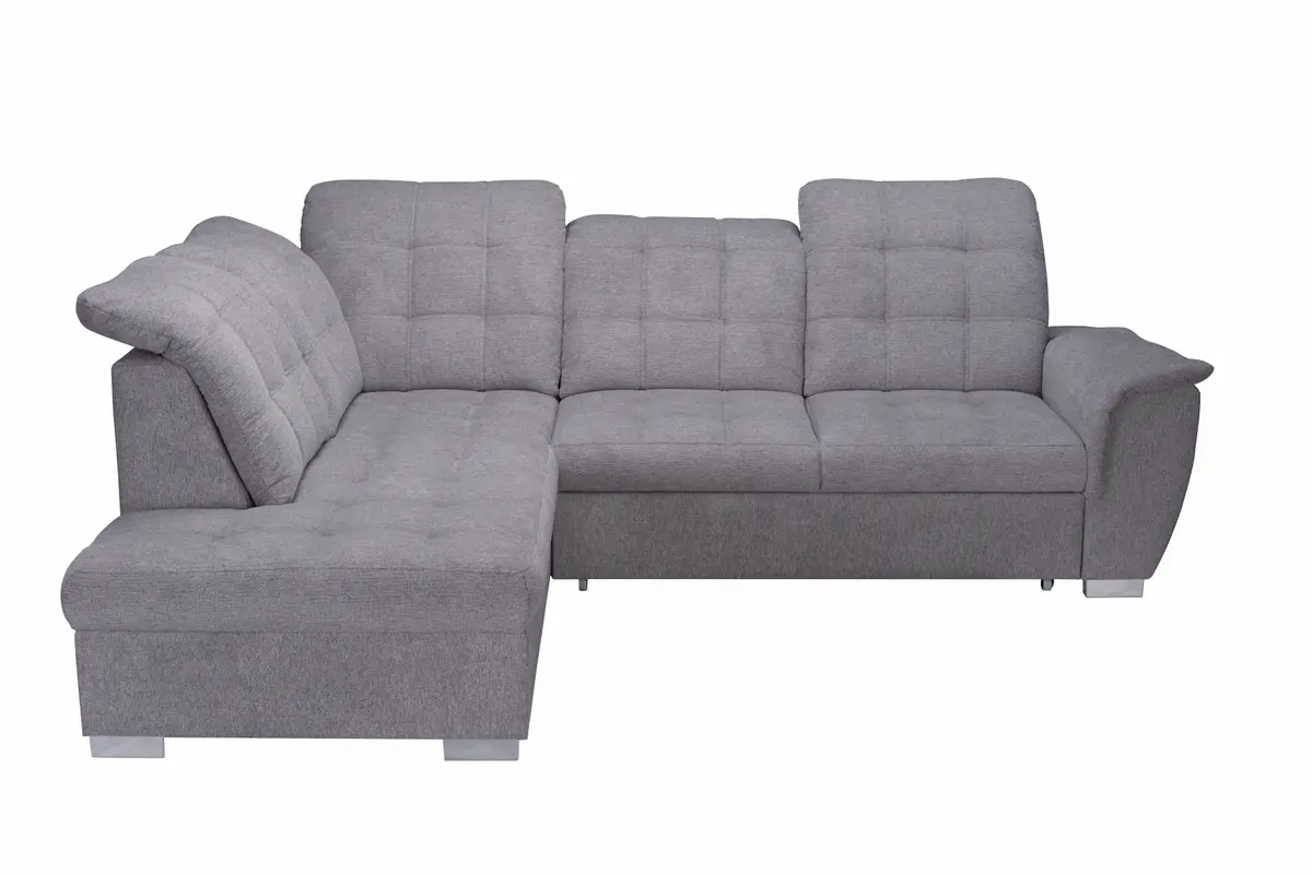 Ecksofa - Ecke links, 2-Sitzer inkl. Schlaffunktion und Bettkasten, verstellbare Kopfstützen, Stoff, Grau