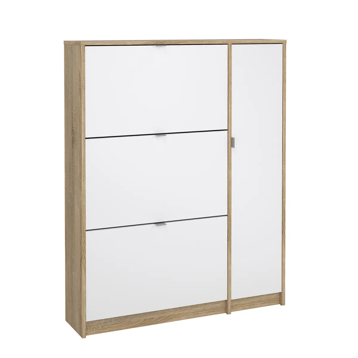 Schuhschrank - B ca. 99 cm, Eiche Struktur Nachbildung, Weiß Hochglanz