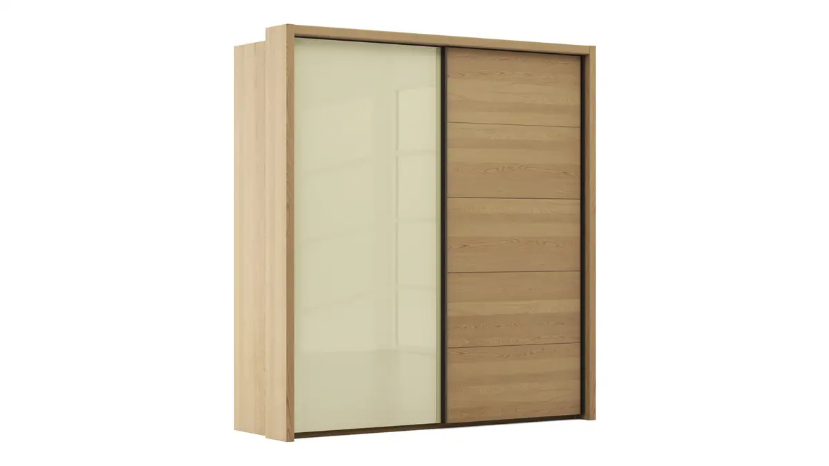 Schwebetürenschrank Lenoso - B. ca. 210 cm, Eiche massiv, Glas Champagner