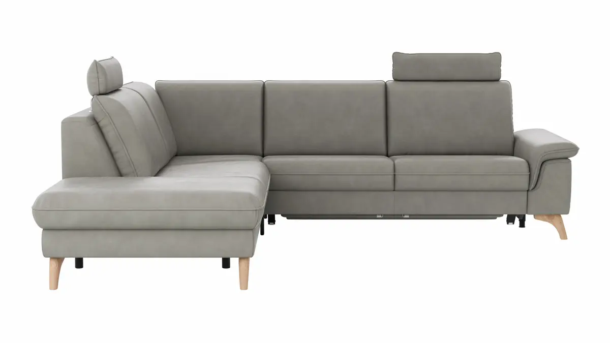 Ecksofa Tulsa KS - 1,5-Sitzer mit Anstellhocker aufklappbar links, Spitzecke und 2,5-Sitzer rechts, inkl. Kopfstütze, AL verstellbar und Schlaffunktion, Leder, Graubeige