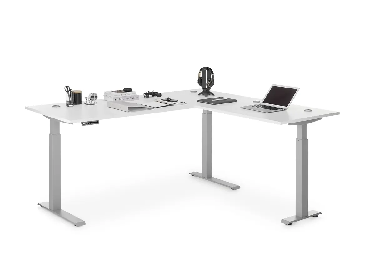 Winkelschreibtisch - höhenverstellbar, LB ca. 185x177 cm, Weiß, Silberfarben