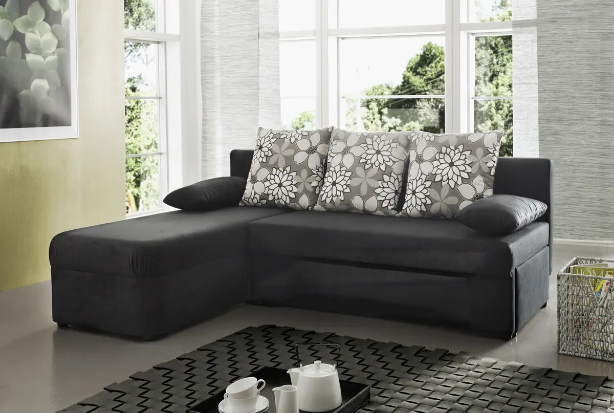 Ecksofa - 2-Sitzer, Ecke rechts inkl. Schlaffunktion und Bettkasten, Stoff schwarz