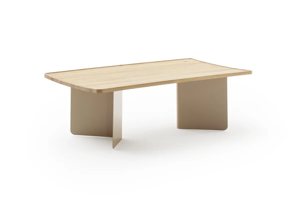 Couchtisch Olai - LHB ca. 120x39x65 cm, Asteiche Massiv, Metall, Beige