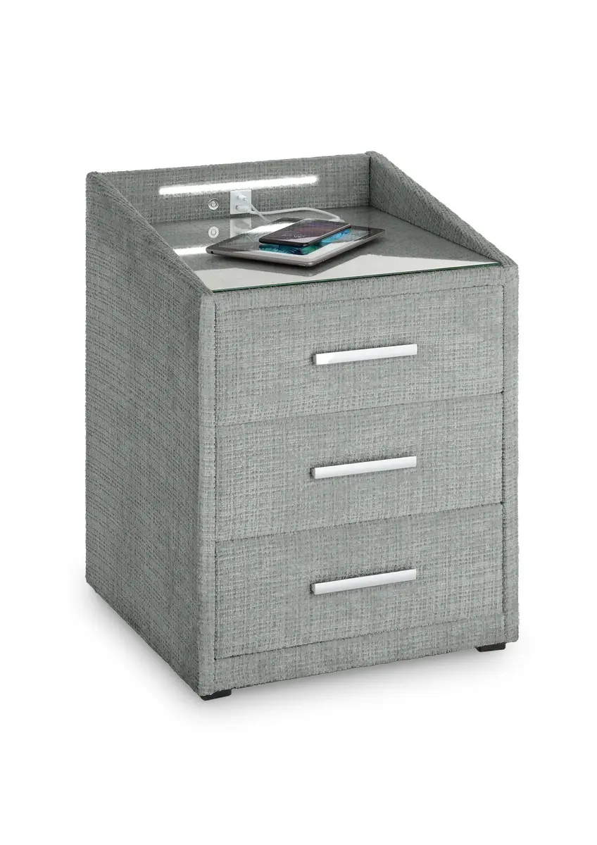 Nachttisch- Grau, mit Glasplatte, inkl. Beleuchtung