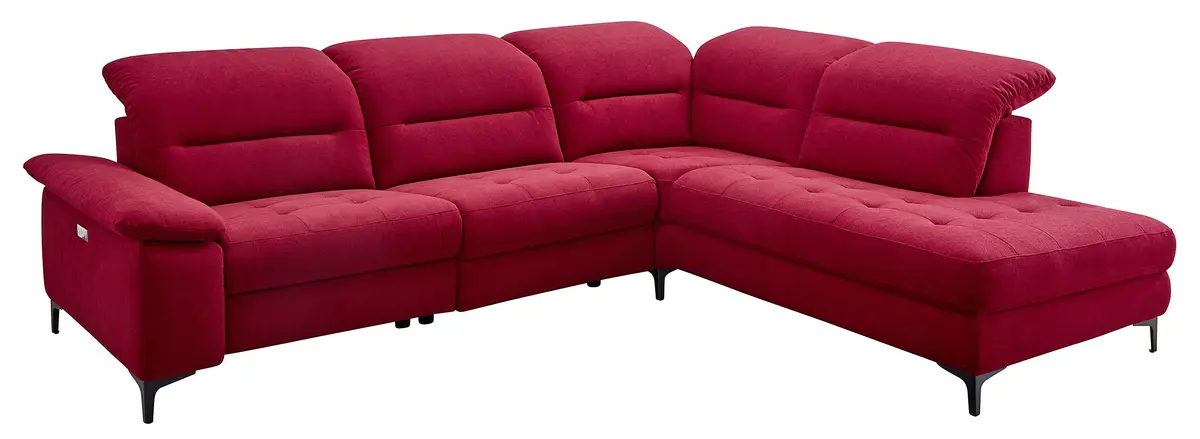 Ecksofa EM Brügge - 3-Sitzer mit Ecke rechts inkl. Kopfteil und Armlehne verstellbar, Stoff, Rot