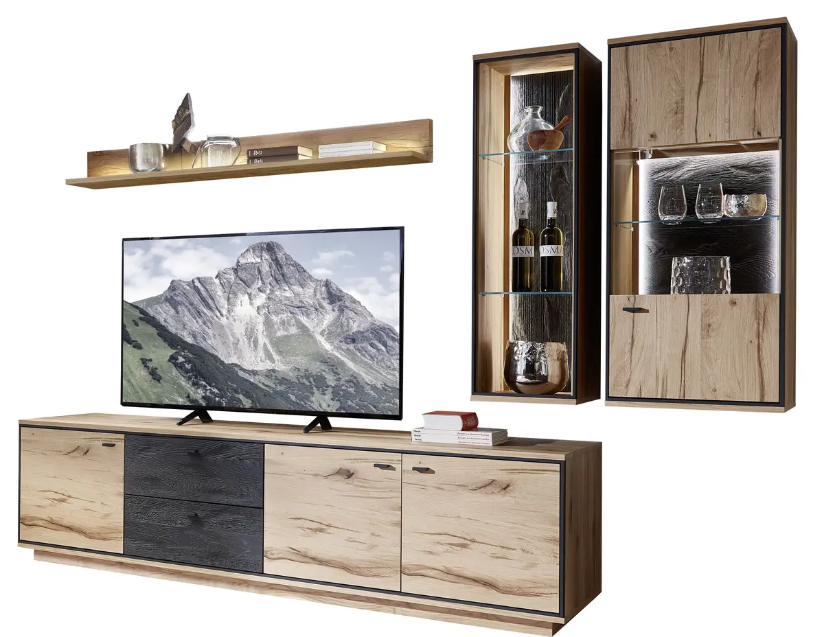 Wohnwand - mit Beleuchtung, Alteiche Furnier, Akzent Spalteiche Carbongrau