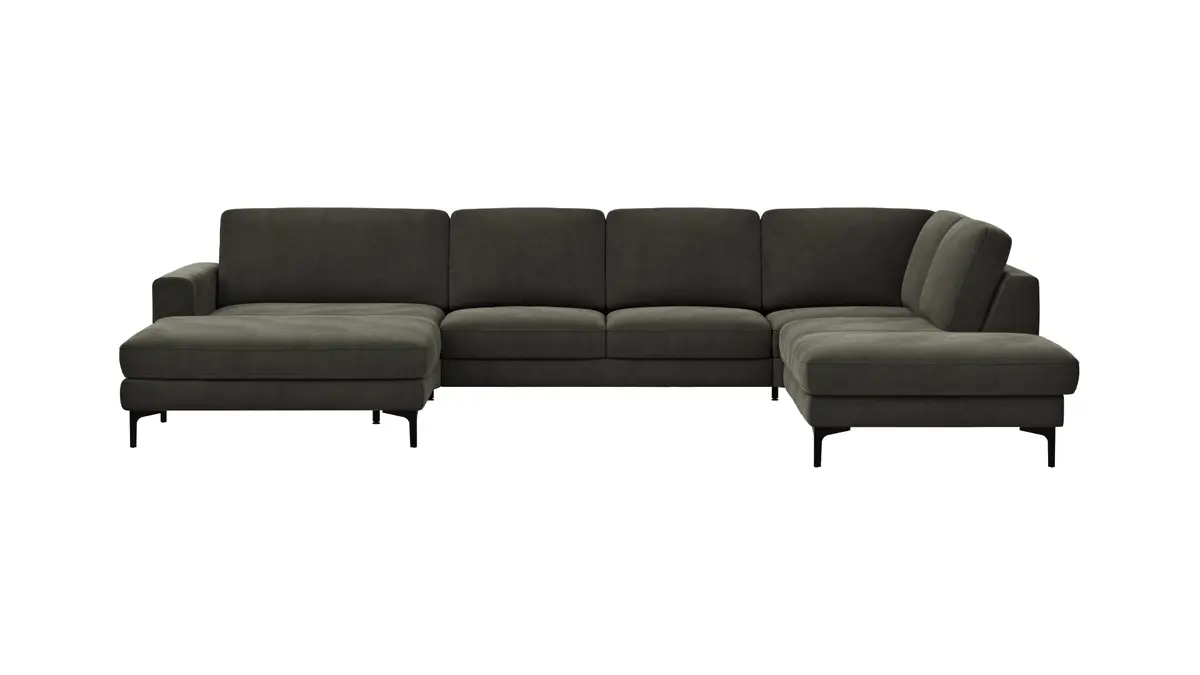 Wohnlandschaft Oviedo - Longchair links mit 2-Sitzer und Ecke rechts, Stoff, Braungrün