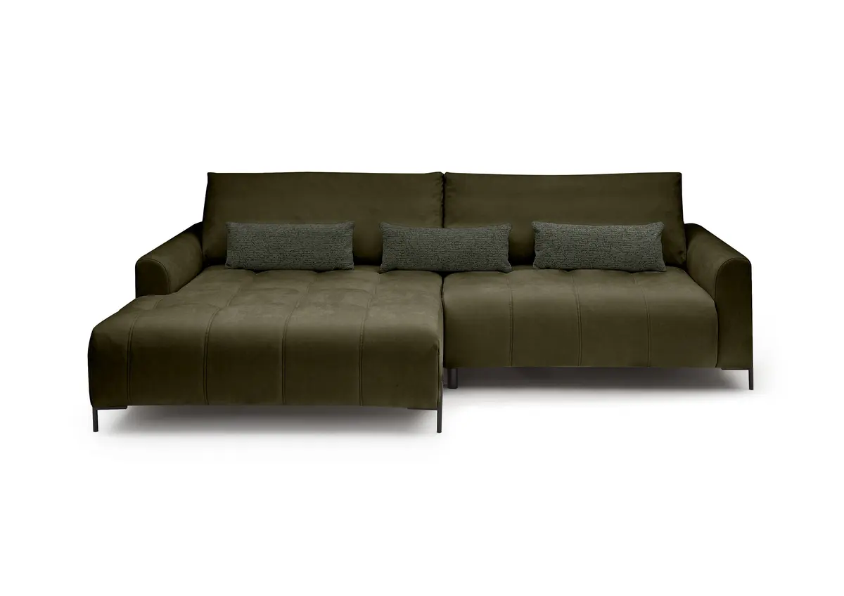 Ecksofa - Longchair links mit 2-Sitzer, Sitztiefe verstellbar motorisch, Stoff, Dunkelgrün