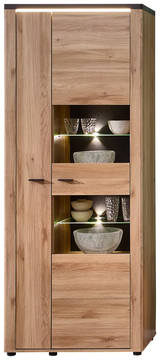 Vitrine - mit Beleuchtung, B ca. 78 cm, Eiche Nachbildung, Eiche dunkel Nachbildung