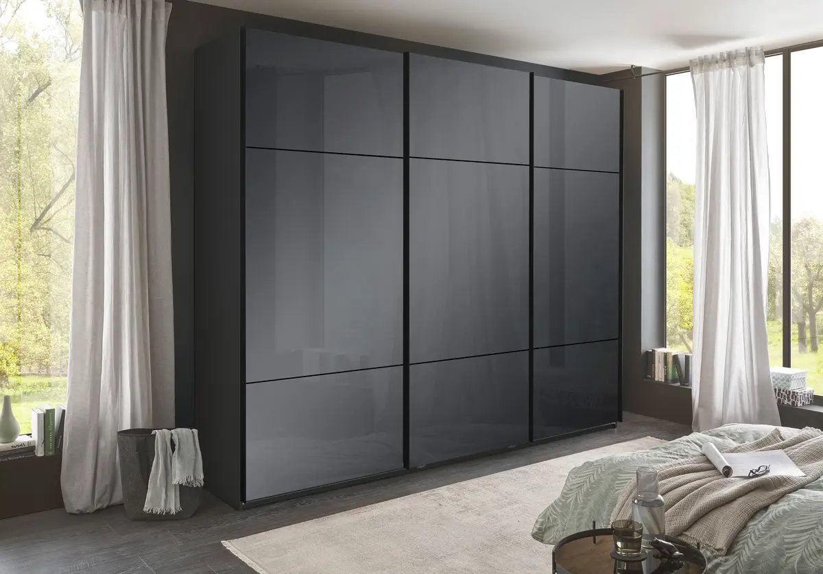 Schwebetürenschrank - B. ca. 270 cm, Melamin, Grauglas