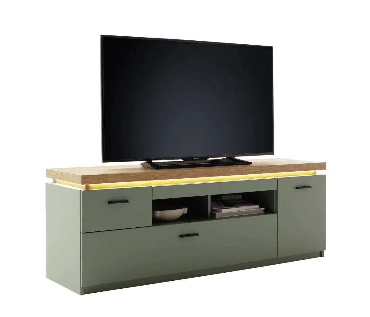 TV-Lowboard - mit Beleuchtung, B ca. 156 cm, Salbeigrün, Eiche Evoke Nachbildung