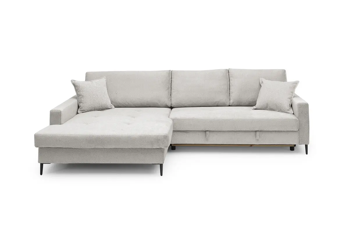 Ecksofa - Longchair links mit 3-Sitzer, Schlaffunktion mit Bettkasten, Stoff, Creme