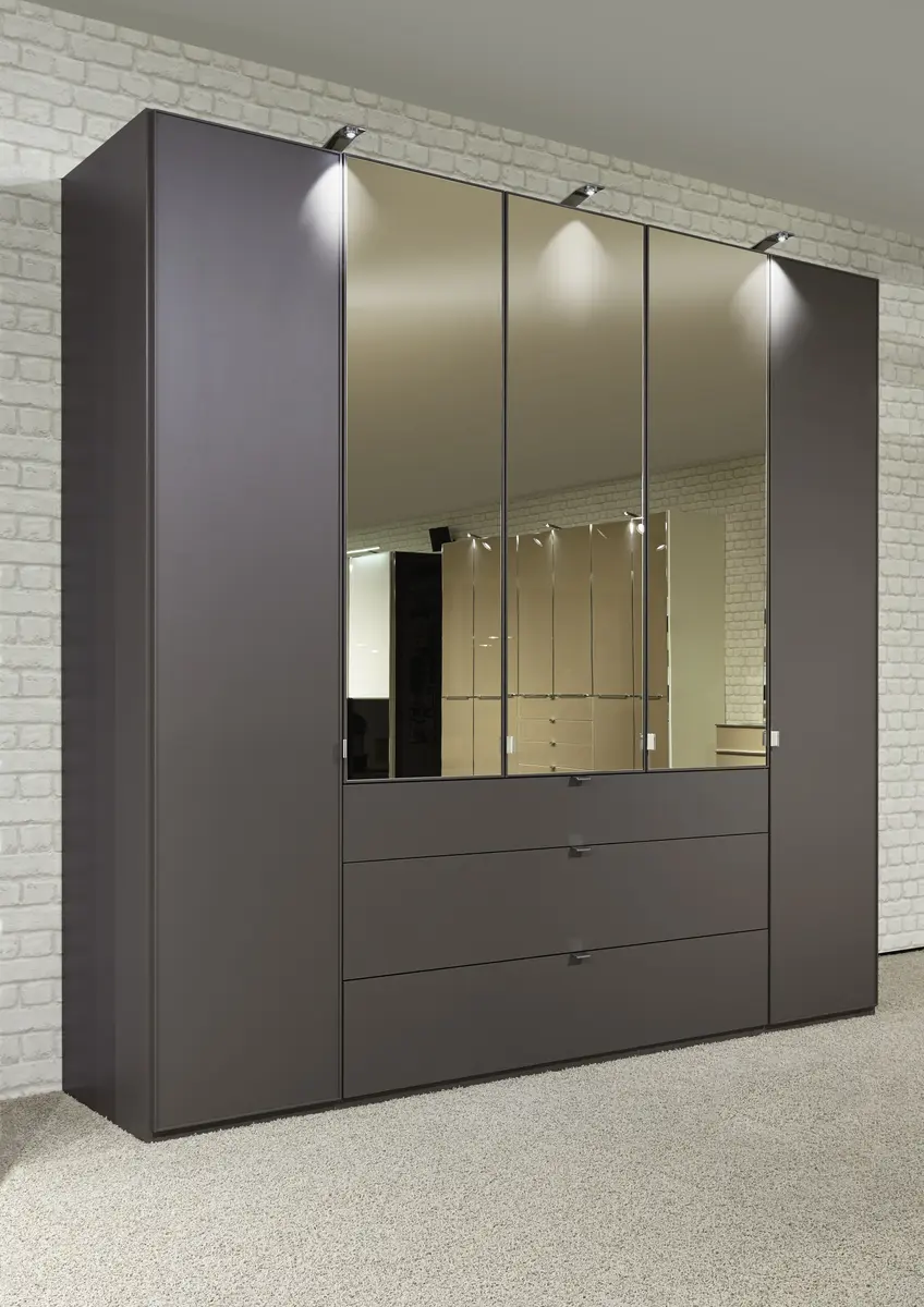 Drehtürenschrank - inkl. Beleuchtung und Spiegeltüren, B. ca. 250 cm, Dunkelgrau
