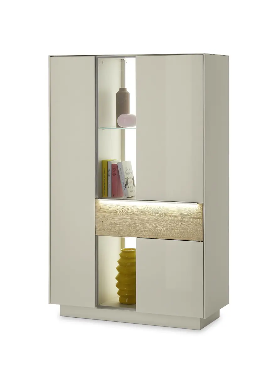 Highboard - mit Beleuchtung, B ca. 96 cm, Kaschmir, Eiche massiv