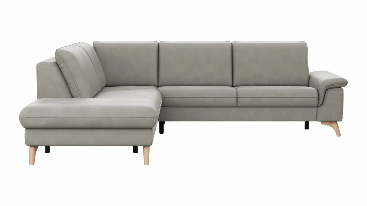 Ecksofa Tulsa KS - 1,5-Sitzer mit Anstellhocker links, Spitzecke und 2,5-Sitzer rechts, Leder, Graubeige