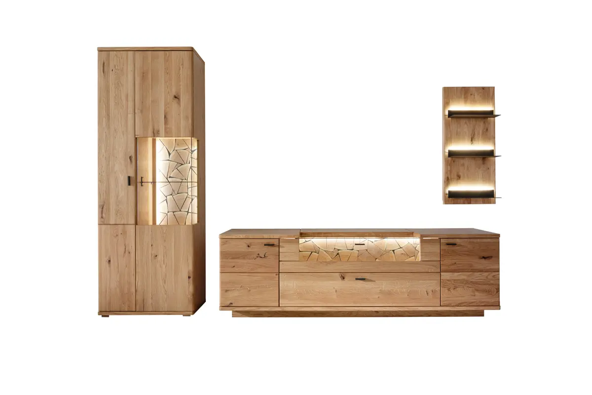 Wohnwand - inkl. Beleuchtung, Eiche, teilmassiv