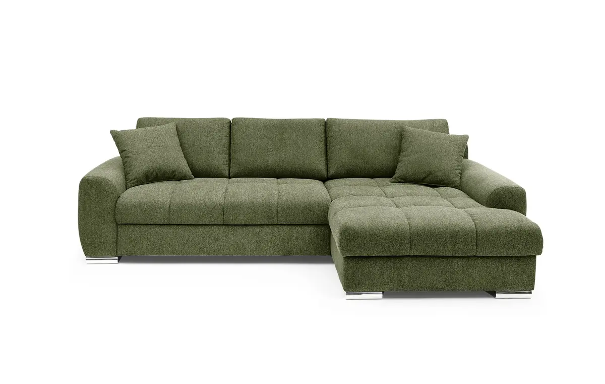 Polsterecke NANJA -  2-Sitzer, Ecke rechts inkl. Schlaffunktion mit Bettkasten, Stoff Grün