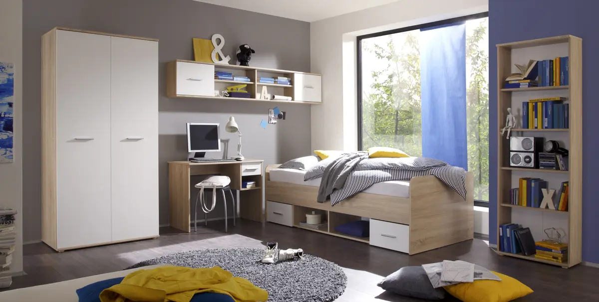 Jugendzimmer- 4 teilig, Eiche Dekor, Weiß