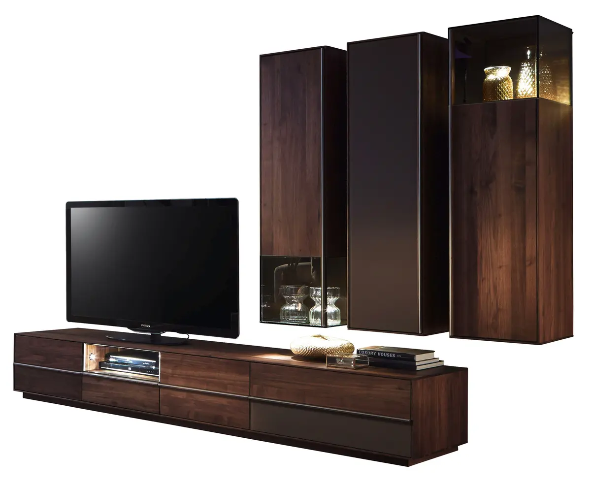 Wohnwand - mit Beleuchtung, Nussbaum massiv