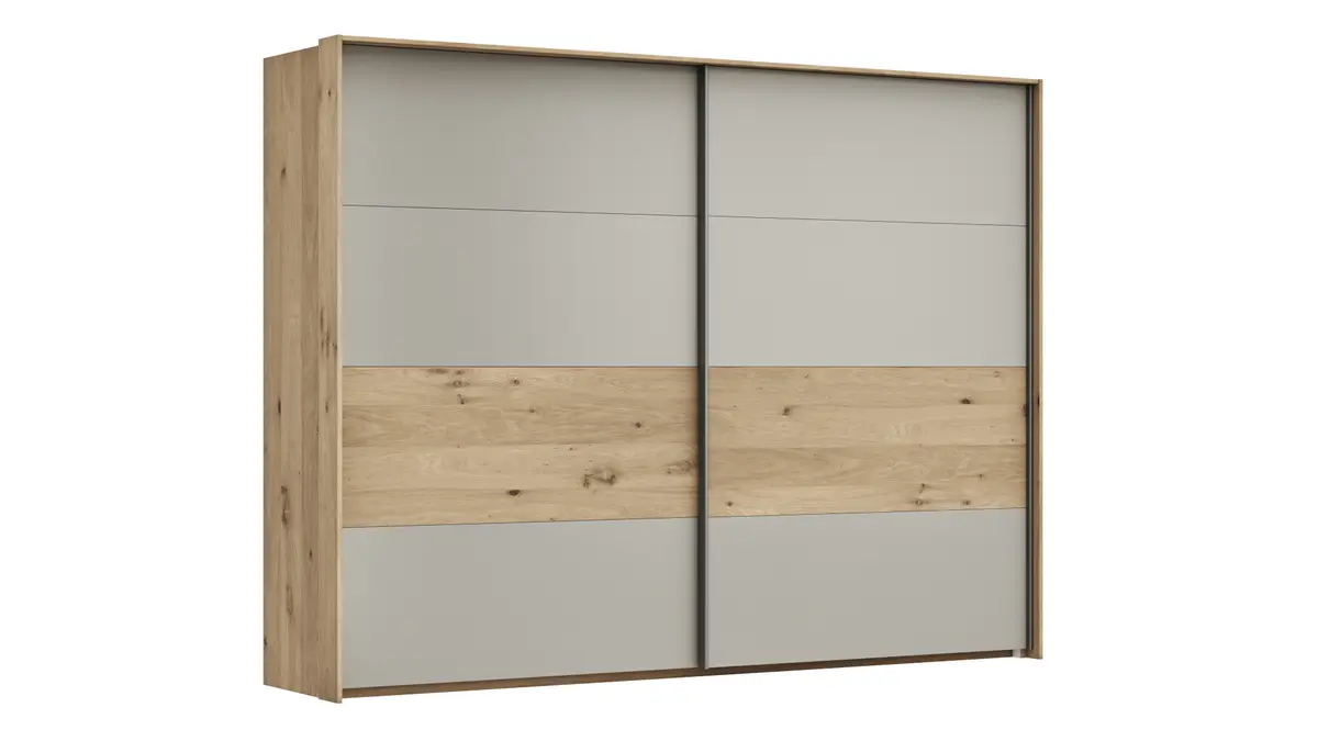 Schwebetürenschrank Viana - B ca. 278 cm, Furnier, Balkeneiche, Hellgrau