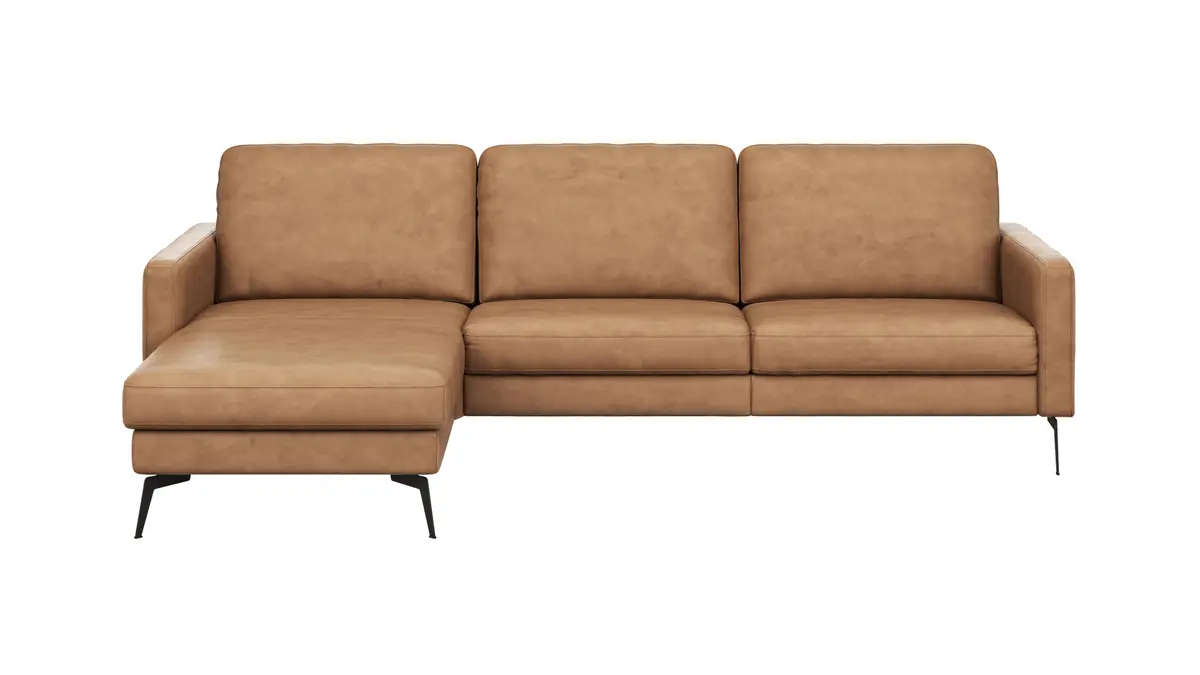 Ecksofa Enna - Longchair Links mit 3-Sitzer, Armlehne A, Leder, Cognac
