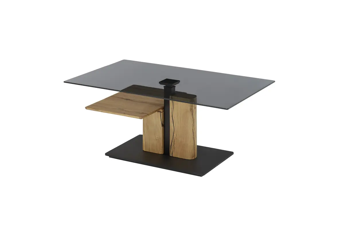 Couchtisch - höhenverstellbar, LBH ca. 105x65x45 cm, Glas grau, Eiche massiv