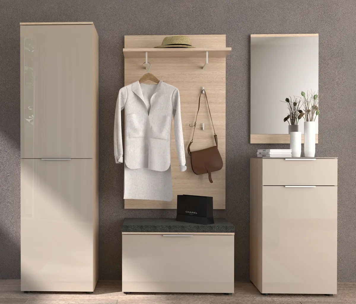 Garderobe - inkl. Sitzkissen, Riva Eiche Nachbildung, Kaschmir