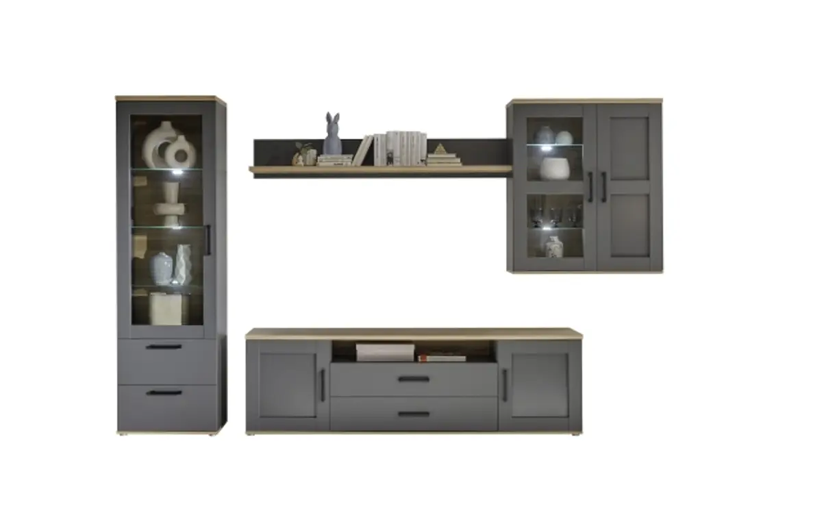 Wohnwand - mit Beleuchtung, Grau, Artisan Eiche Nachbildung