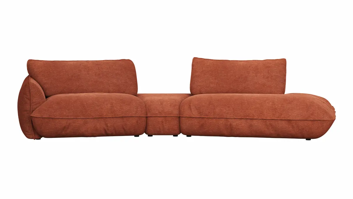 Trapezsofa Fluffy - 2-Sitzer mit Trapezelement und Abschlussteil inkl. Rückenlehne verstellbar, Stoff, Kupfer