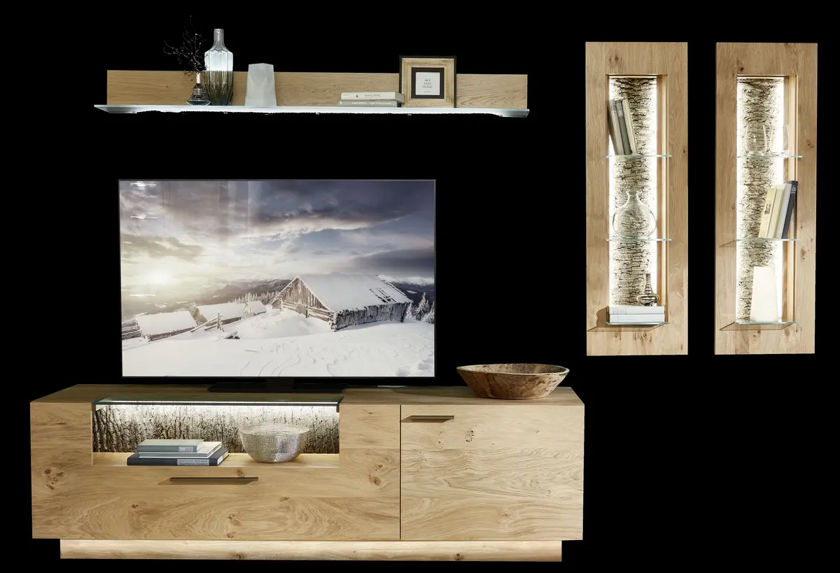 Wohnwand - mit Beleuchtung, Kernwildasteiche Furnier, Nischenrückwand echte Baumrinde