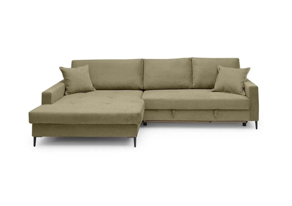 Ecksofa - Longchair links mit 3-Sitzer, Schlaffunktion mit Bettkasten, Stoff, Olive