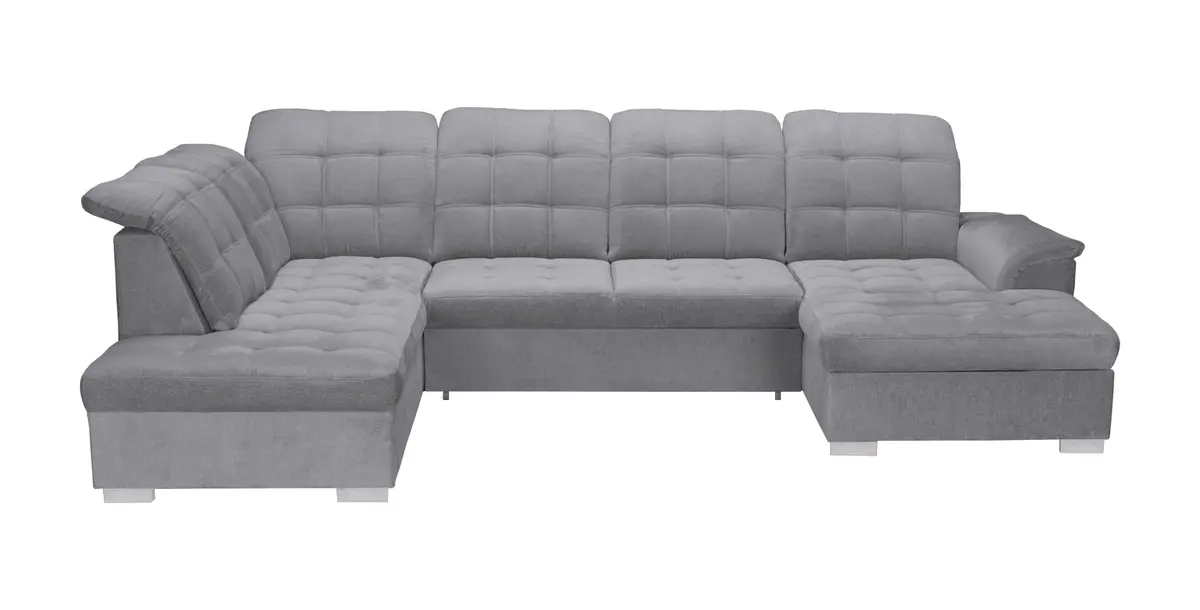 Wohnlandschaft - Ecke links, 2-Sitzer, Longchair rechts inkl. Schlaffunktion und Bettkasten, verstellbare Kopfstützen, Stoff, Grau