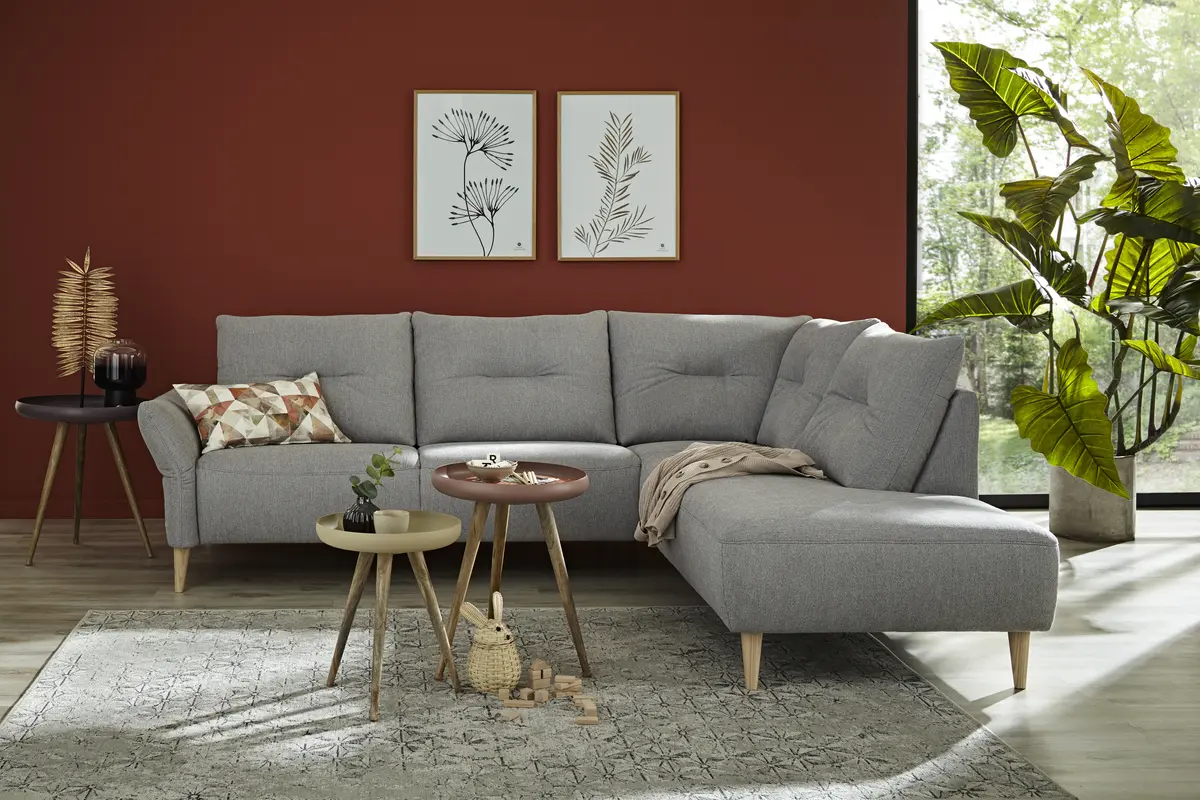 Ecksofa Bahia - 2-Sitzer mit Ecke rechts inkl. Armlehne verstellbar, Stoff, Hellgrau