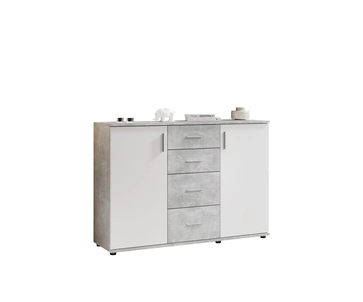 Kommode - B ca. 120 cm, Betonoptik, Weiß
