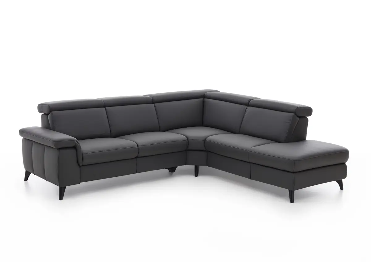 Ecksofa EM Salo - mit Kopfteilverstellung, 2,5-Sitzer mit Ecke rechts, Leder, Anthrazit