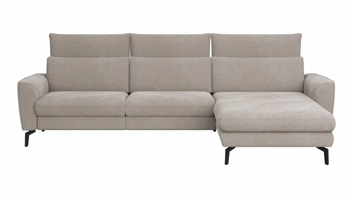 Ecksofa Avela - 2,5-Sitzer mit Longchair rechts inkl. Kopfteile verstellbar, Stoff, Bisquit