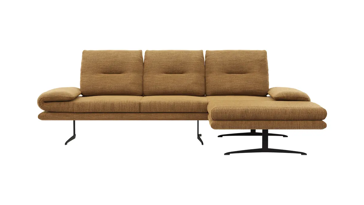 Ecksofa Lucero - 2-Sitzer mit Longchair rechts inkl. Rückenlehne verstellbar, Stoff, Senfgelb