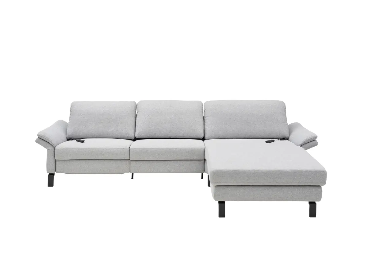 Ecksofa - 3-Sitzer mit Longchair rechts, Relaxfunktion motorisch, Stoff, Hellgrau