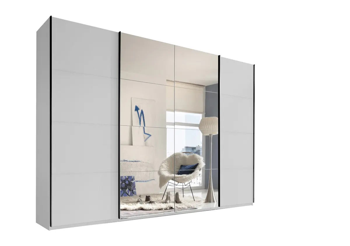 Schwebetürenschrank- B ca. 315 cm, Weiß, Spiegel
