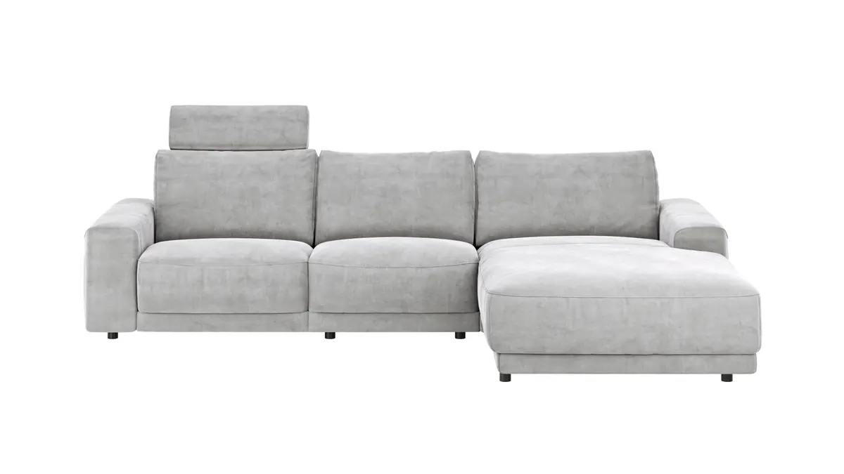 Ecksofa Balok - 2,5-Sitzer mit Longchair groß rechts, inkl. Relaxfunktion (motorisch) und Kopfstütze, Stoff, Eisengrau
