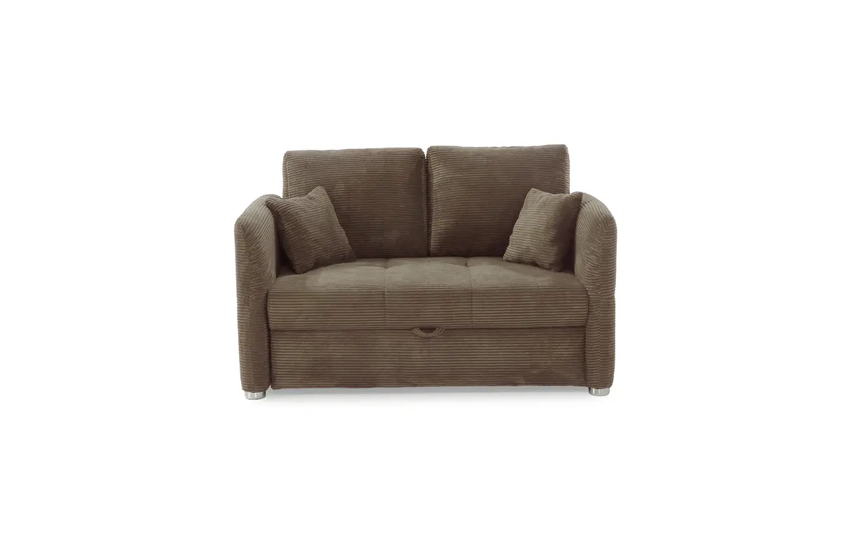 Sofa JORDEN - 1,5-Sitzer inkl. Schlaffunktion mit Bettkasten, verstellbare Armlehnen, Cord, Taupe
