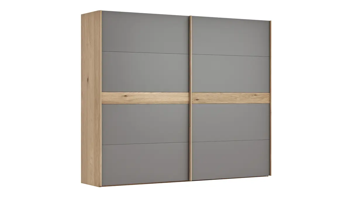 Schwebetürenschrank Viana - B ca. 271 cm, Lack, Steingrau, Riffholz, Balkeneiche