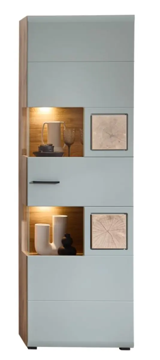 Vitrine - B ca. 65 cm, mit Beleuchtung, Schilfgrün, Viking Eiche Nachbildung