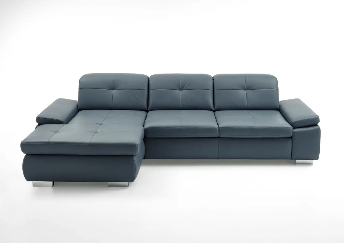 Ecksofa - Longchair links mit 3-Sitzer inkl. Sitztiefenverstellung, Leder, Graublau